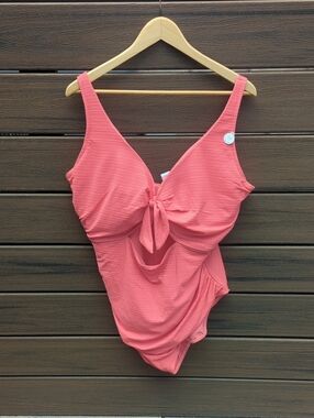 Women's Solid Coral One-Piece Swimsuit with Front Tie - Size 22+ NWT